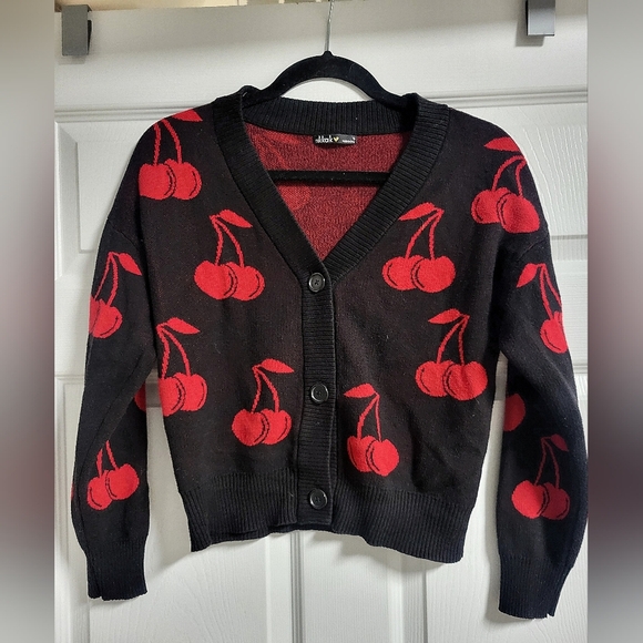 Nikkak Sweaters - Nikkak - Women's Black and Red Cropped Cardigan Cherry Sweater - Size S